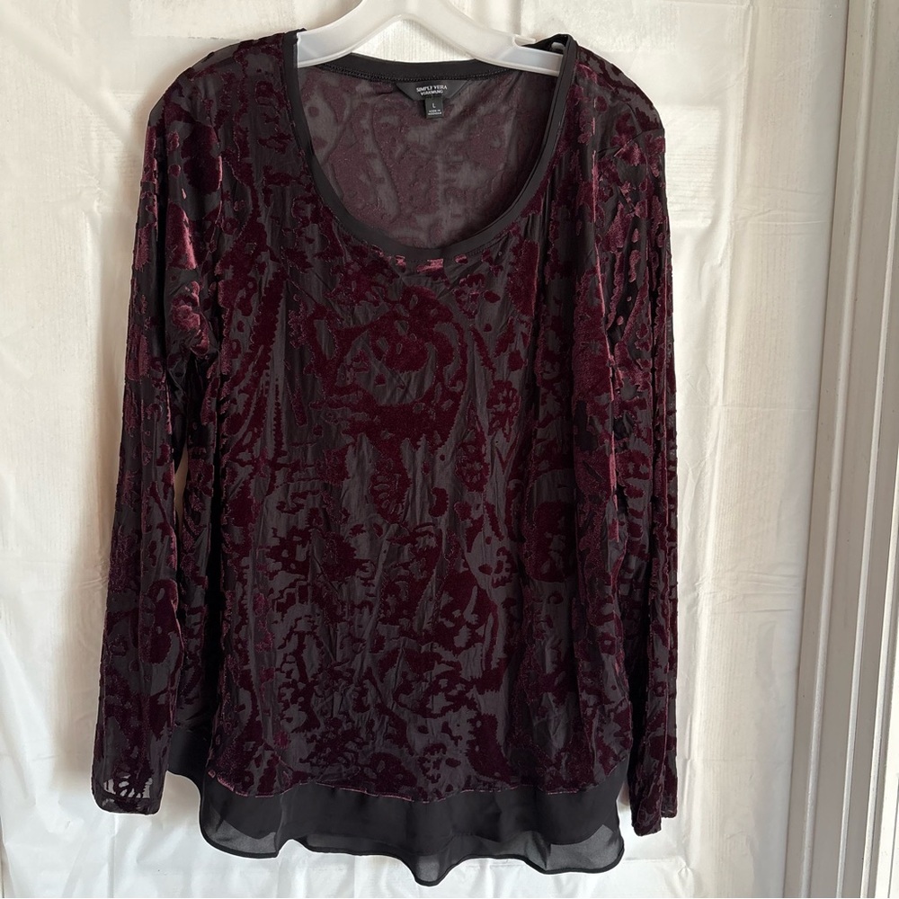 Simply Vera Velvet Burnout Top Womens Sz Large Whimsigoth Dark Gothic Red Black
